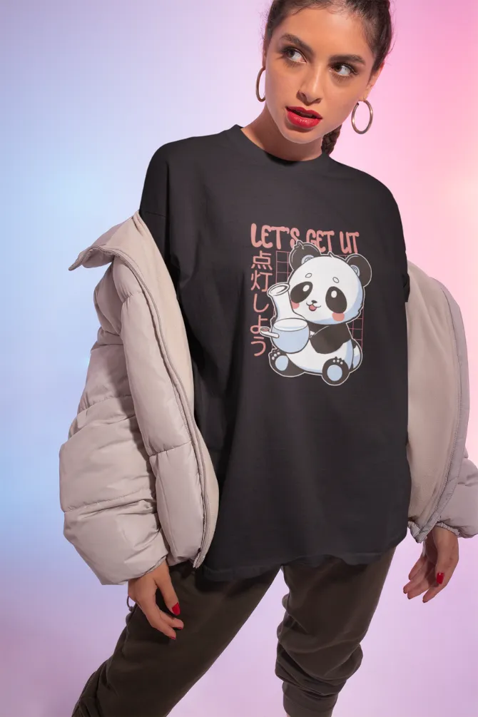 Panda With Bong Black Printed Oversized T-shirt for women
