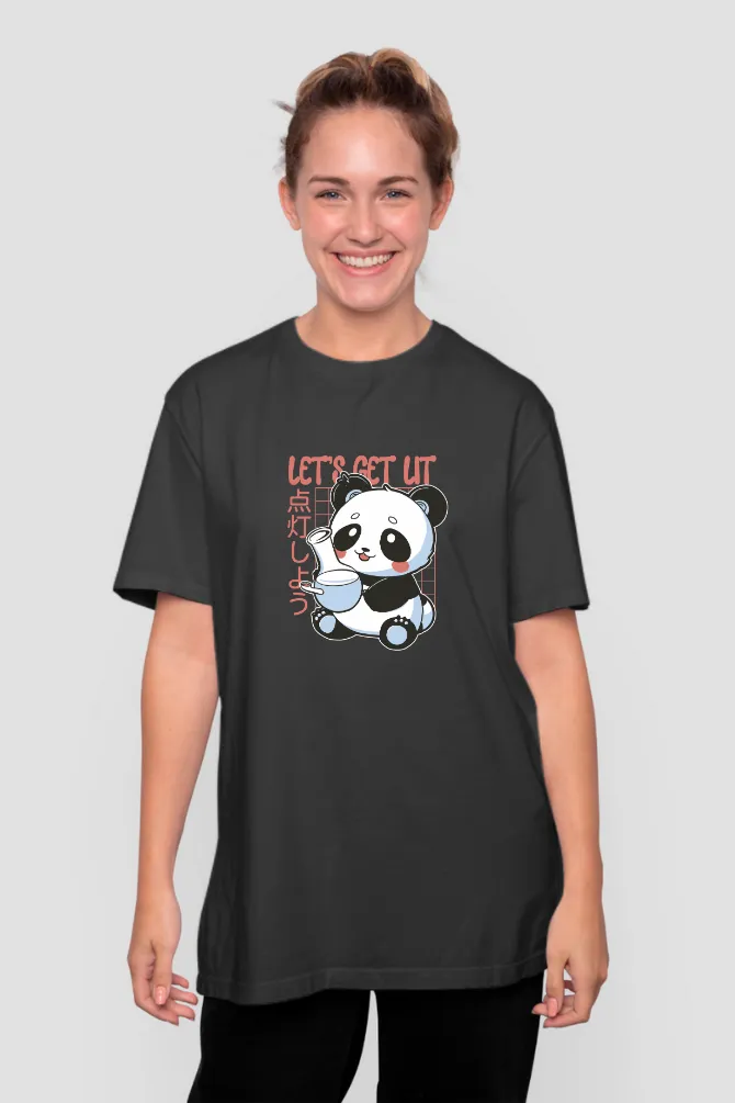 Panda With Bong Black Printed Oversized T-shirt for women