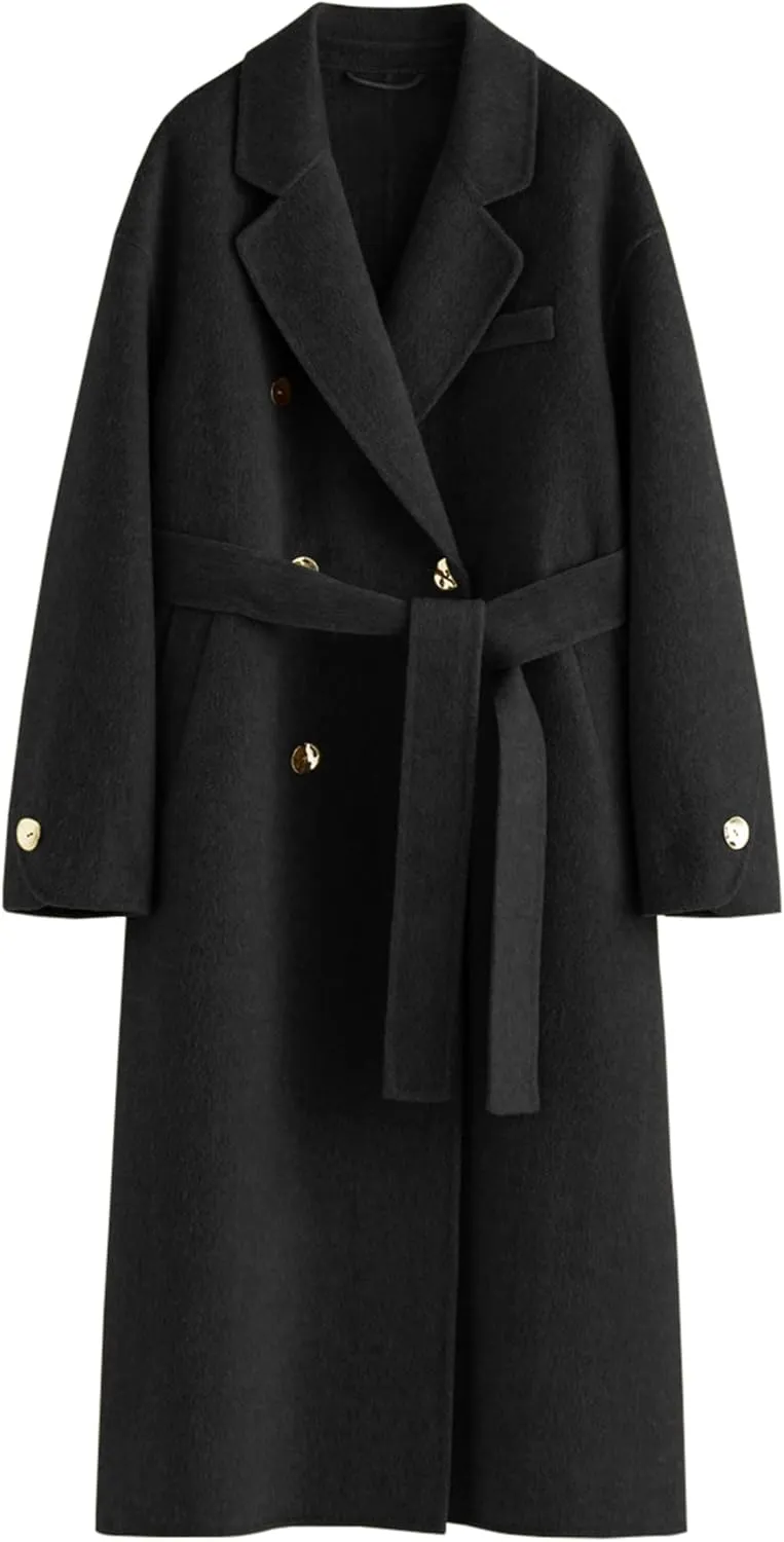 Peaceglad Womens Pea Coats Fall Long Trench Coat Double Breasted Lapel Belted Peacoat