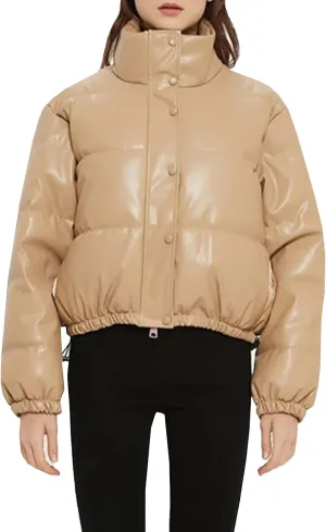 PEHMEA Women's Faux Leather Puffer Jacket Winter Long Sleeve Stand Collar Baggy Short Bubble Coat