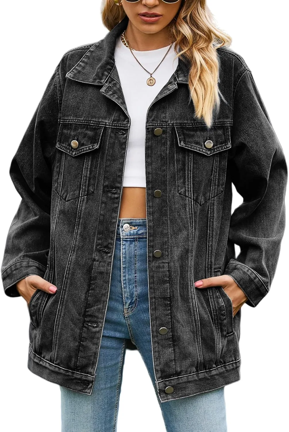 Perbai Womens Oversized Denim Jacket Casual Plus Size Mid Long Distressed Jean Shacket Coat