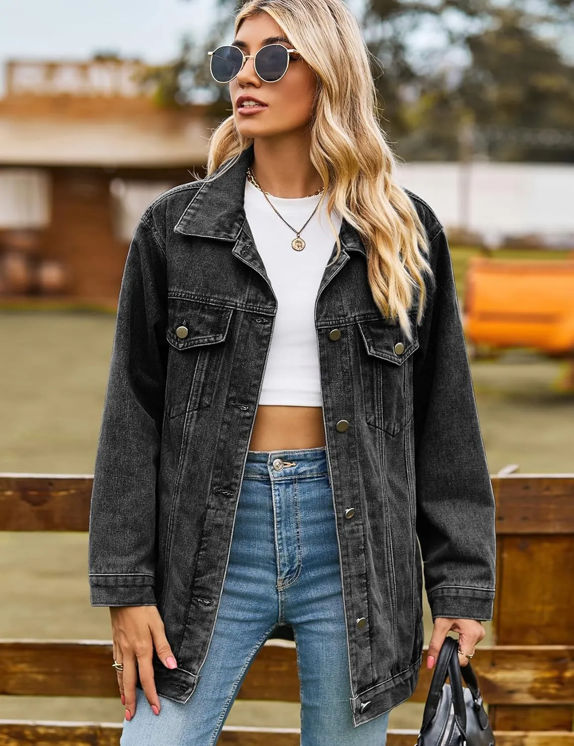 Perbai Womens Oversized Denim Jacket Casual Plus Size Mid Long Distressed Jean Shacket Coat