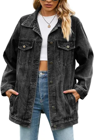 Perbai Womens Oversized Denim Jacket Casual Plus Size Mid Long Distressed Jean Shacket Coat
