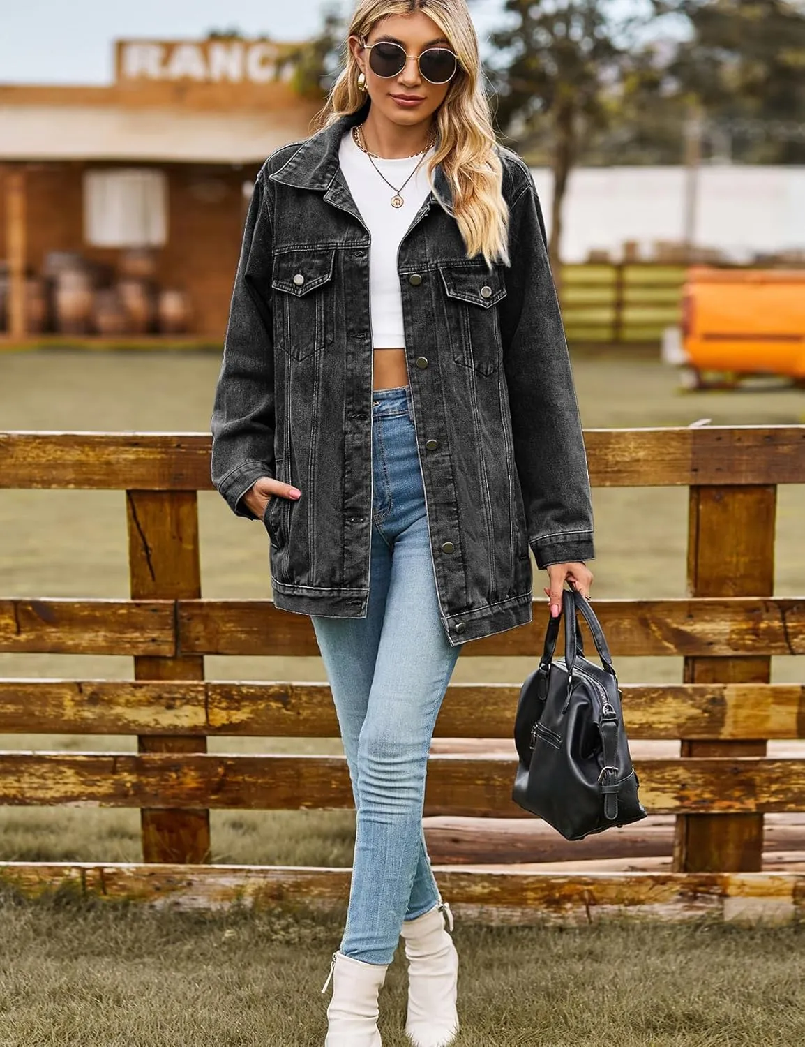 Perbai Womens Oversized Denim Jacket Casual Plus Size Mid Long Distressed Jean Shacket Coat