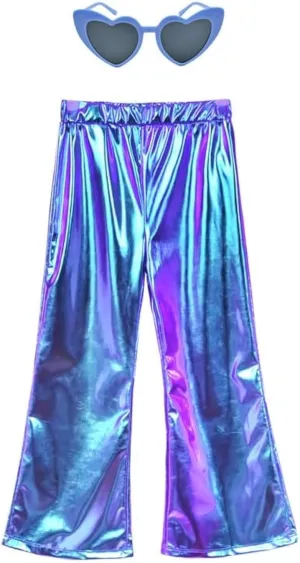 Perfashion Girls' Shiny Metallic Flared Pants Festival Dance Pants Disco with Sunglasses Wide Leg Trousers 6-15 Years