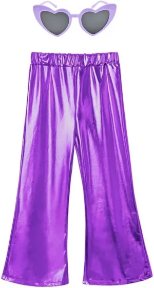 Perfashion Girls' Shiny Metallic Flared Pants Festival Dance Pants Disco with Sunglasses Wide Leg Trousers 6-15 Years