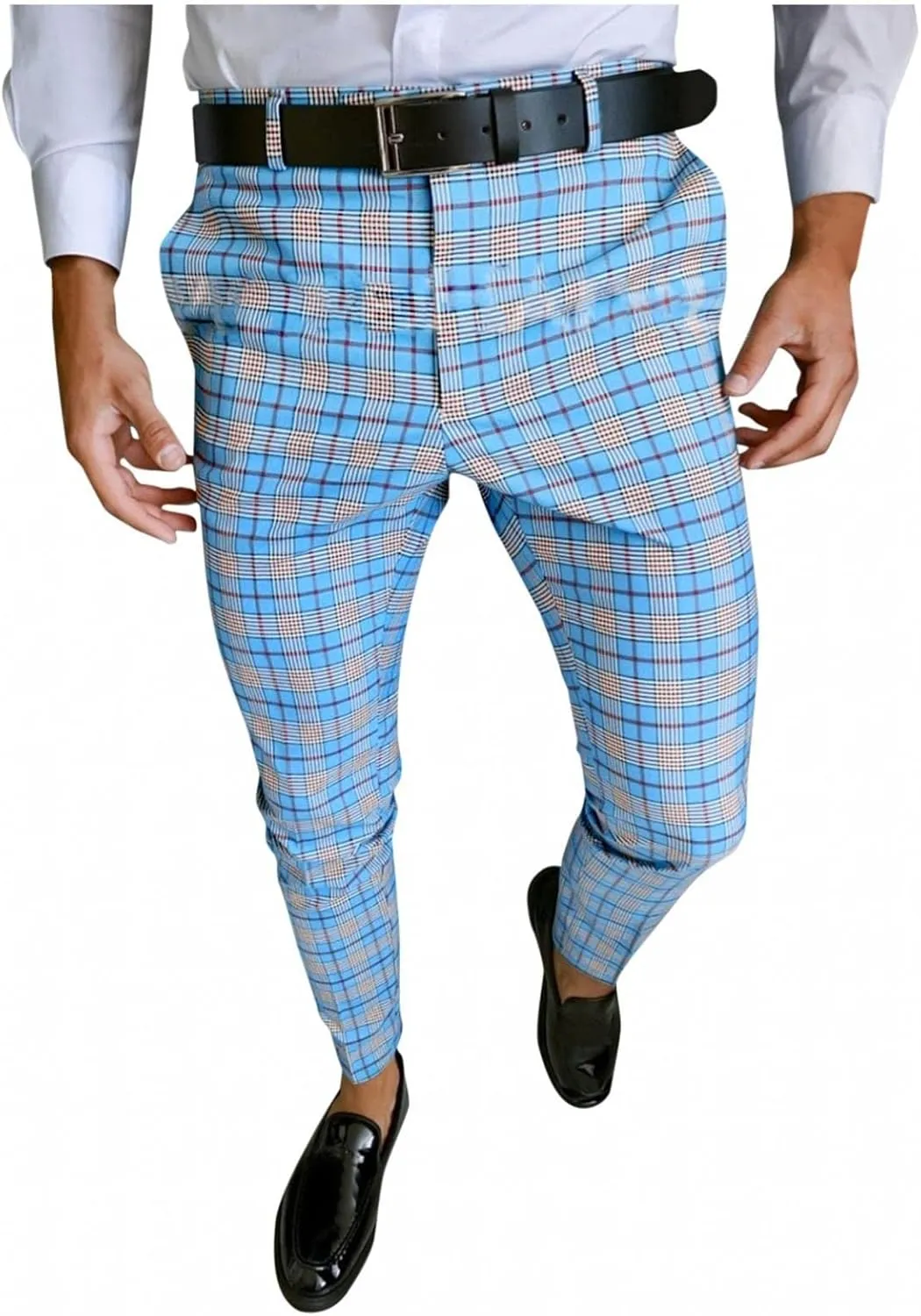 Plaid Dress Pants for Men Skinny Expandable Waist Slim Fit Chinos Grid Tailored Pants Modern Business Pencil Long Pants