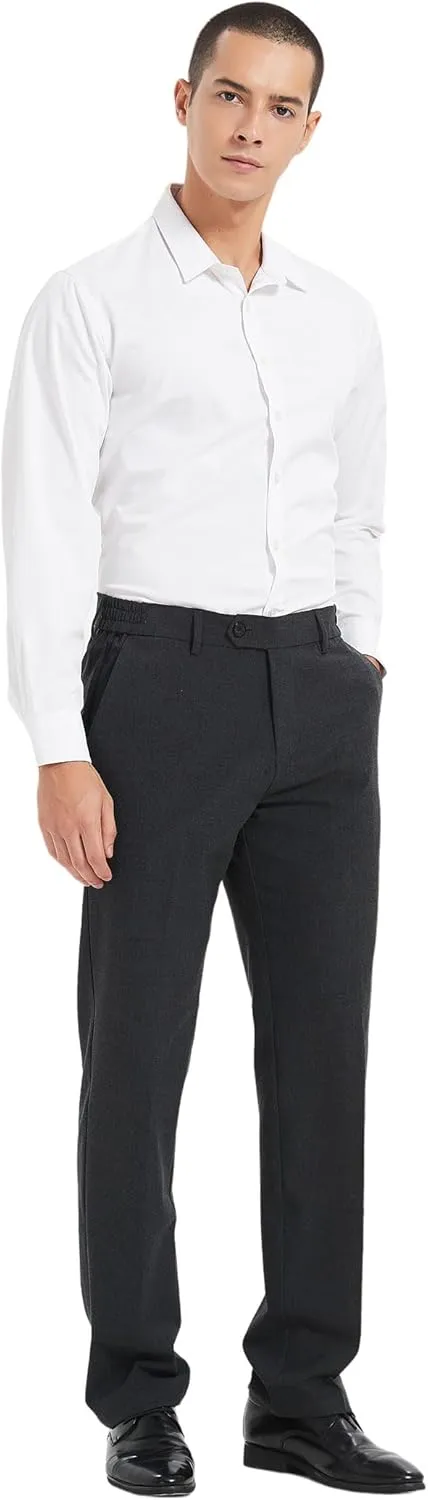 Plaid&Plain Men's Dress Pants with Elastic Waistband and Stretchy Fabric Straight Fit