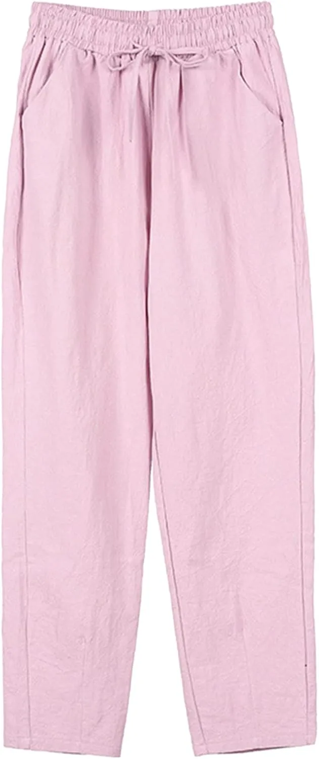 Plus Size Linen Pants Womens Drawstring Elastic Lounge Summer Pants Solid Color Loose Fit Beach Vacation Straight Trousers
