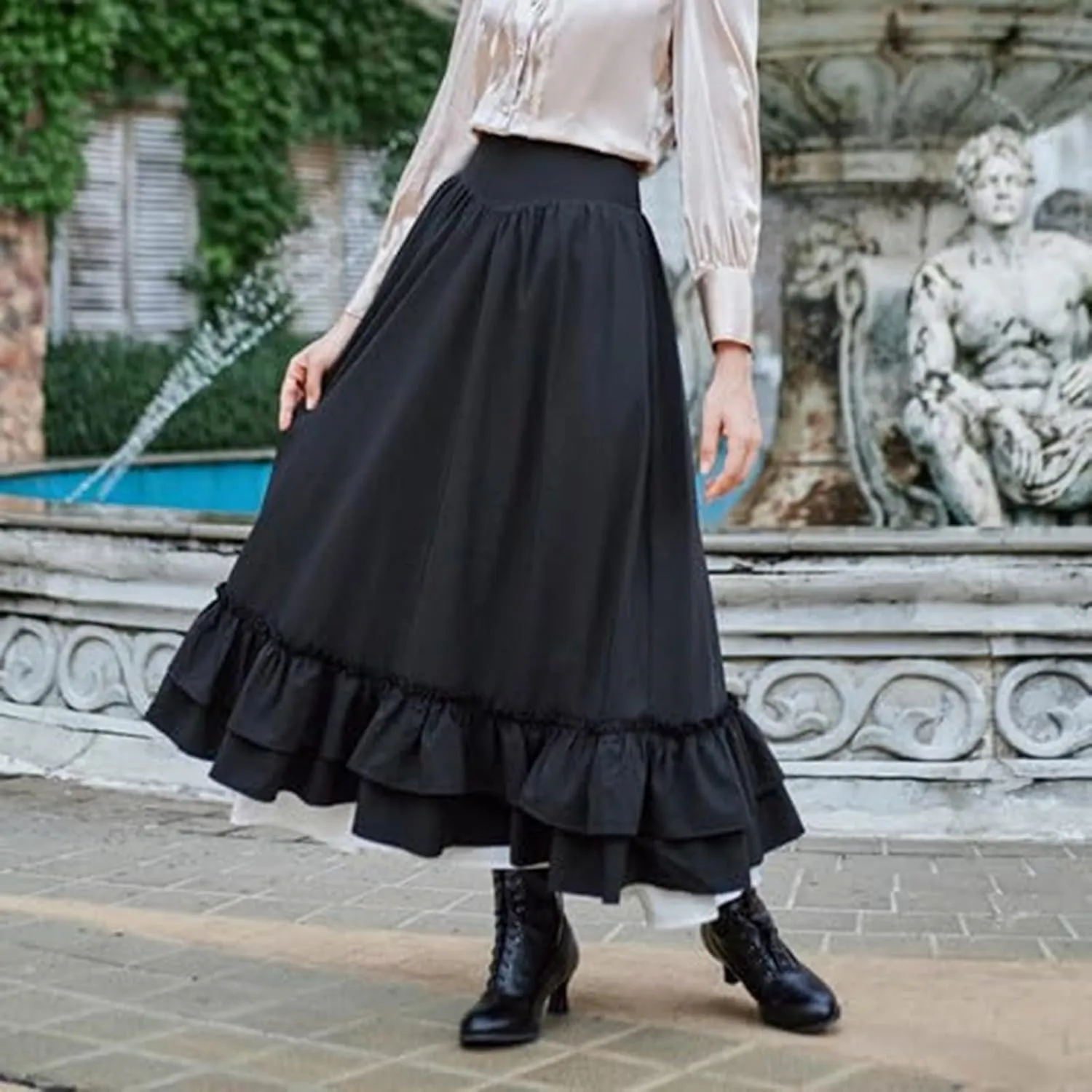 Plus Size Skirts Women Retro Medieval Elastic Lace High Waist Boho Maxi Skirt Casual Drawstring A Line Long Skirt