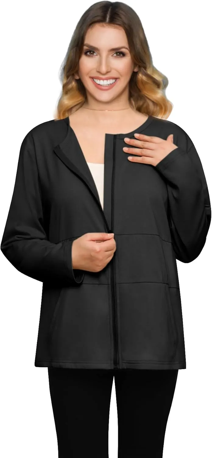 Post Mastectomy Recovery Zipper Closure Collar Long Sleeves Shirt Camisole with 4 Drain Pockets-Post Shoulder Surgery Shirts