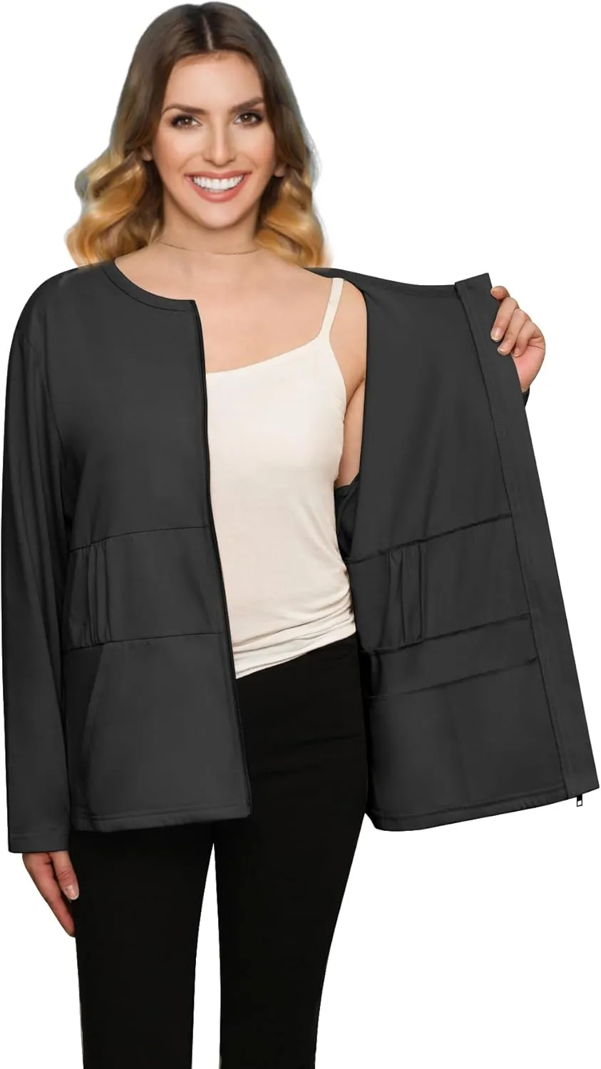 Post Mastectomy Recovery Zipper Closure Collar Long Sleeves Shirt Camisole with 4 Drain Pockets-Post Shoulder Surgery Shirts