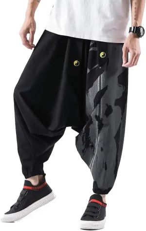 PRIJOUHE Men's Harem Pants, Baggy Wide Leg Hip Hop Pants, Cotton