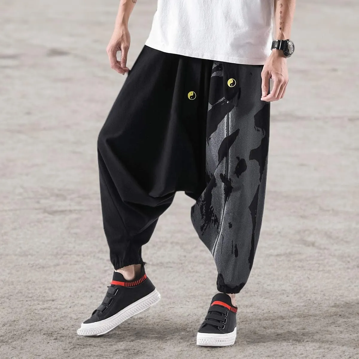 PRIJOUHE Men's Harem Pants, Baggy Wide Leg Hip Hop Pants, Cotton