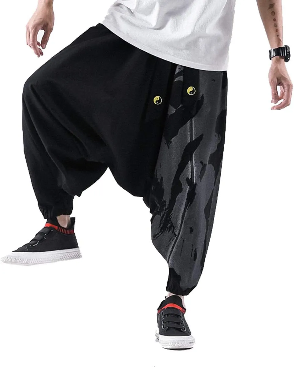 PRIJOUHE Men's Harem Pants, Baggy Wide Leg Hip Hop Pants, Cotton
