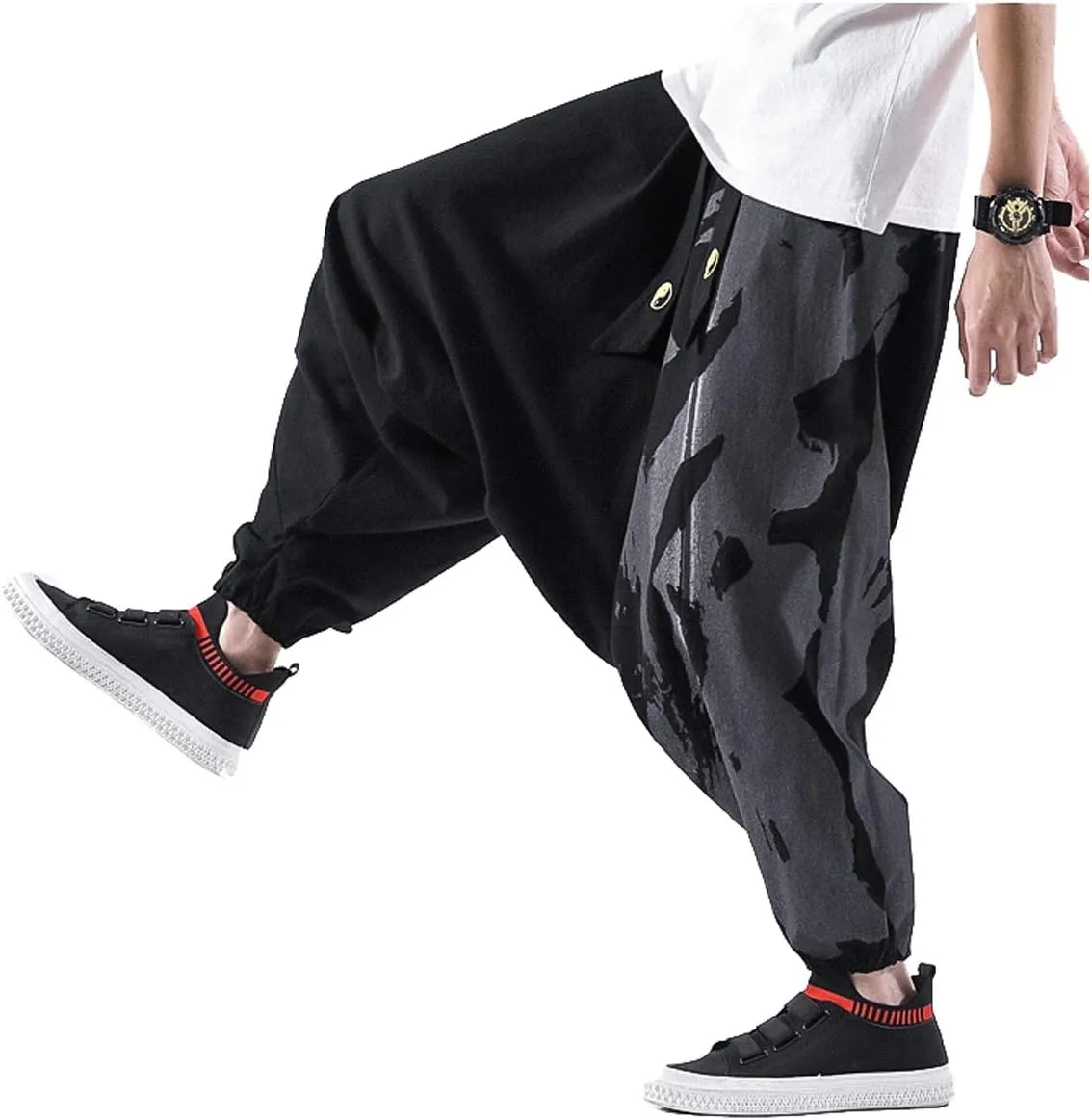 PRIJOUHE Men's Harem Pants, Baggy Wide Leg Hip Hop Pants, Cotton