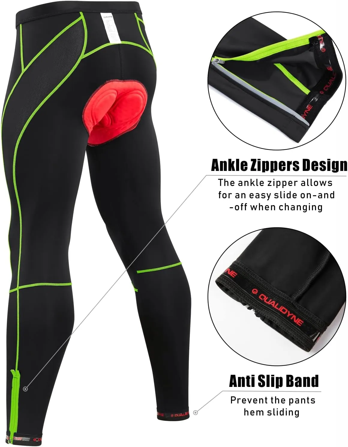 qualidyne Men's Cycling Bike Pants 4D Padded Road Bicycle Tights Outdoor Biking Leggings.