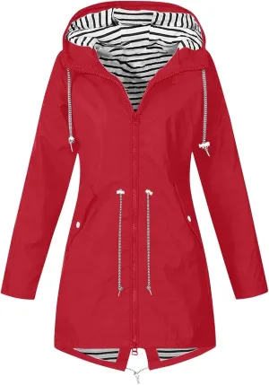 Rain Jacket for Women Waterproof Outdoors Raincoats Lightweight Long Hooded Trench Coats Striped Lined Windbreaker