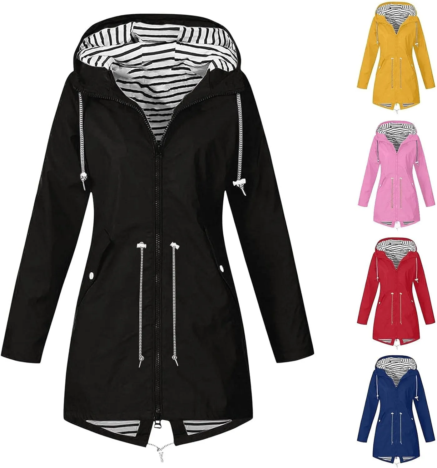 Rain Jacket for Women Waterproof Outdoors Raincoats Lightweight Long Hooded Trench Coats Striped Lined Windbreaker