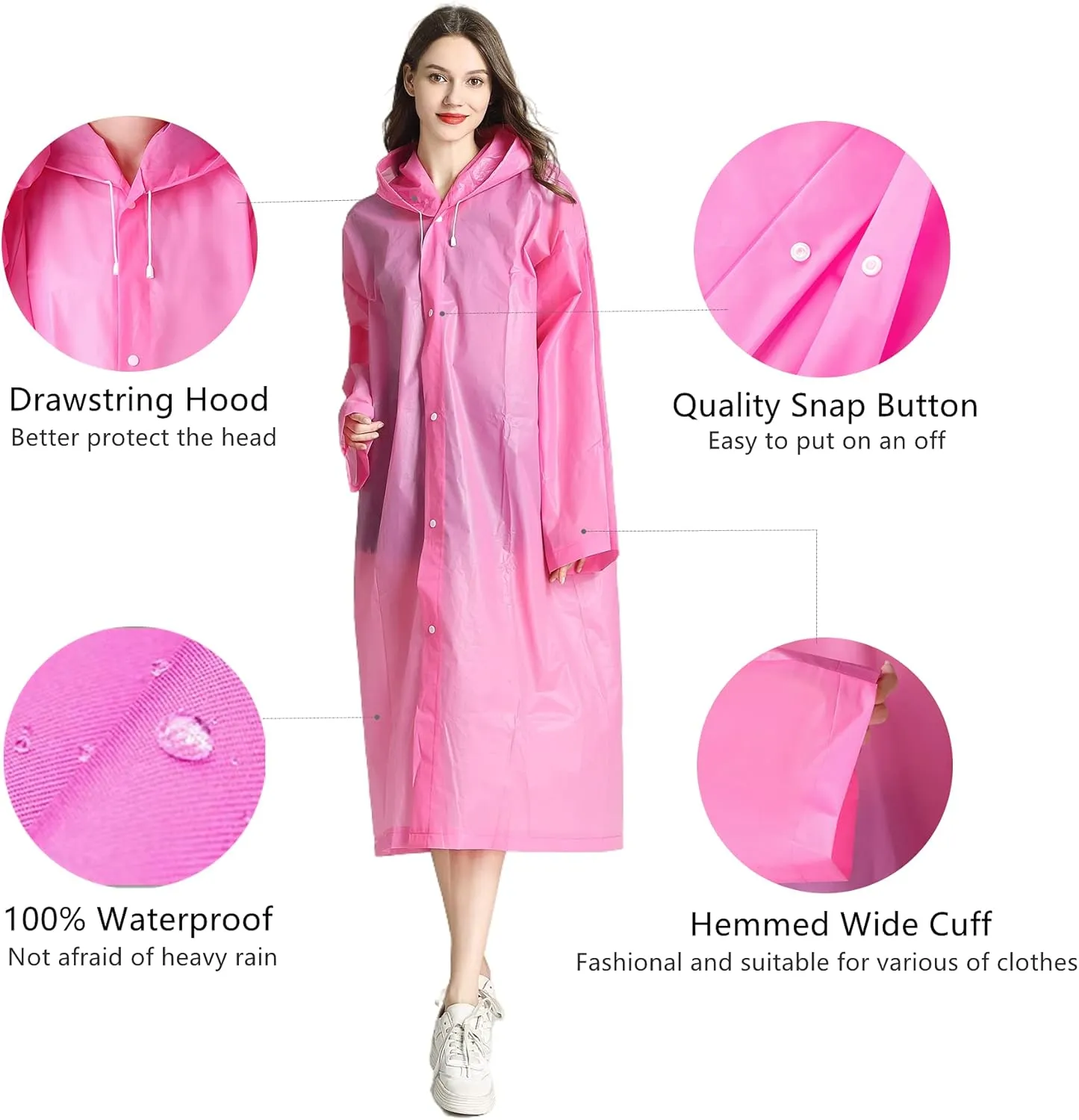 Rain Ponchos for Adults, Reusable Waterproof Hooded EVA Rain Coats Rain Jackets Rainwear for Women Men, Pack of 2