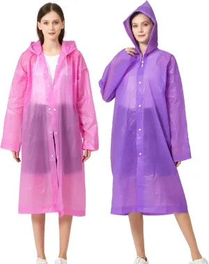 Rain Ponchos for Adults, Reusable Waterproof Hooded EVA Rain Coats Rain Jackets Rainwear for Women Men, Pack of 2