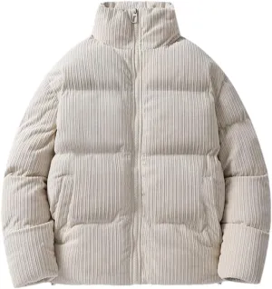 REHJJDFD Men Casual Jacket Corduroy Cotton Padded Warm Parkas Puffer Coat Vintage Stand Collar Windbreaker