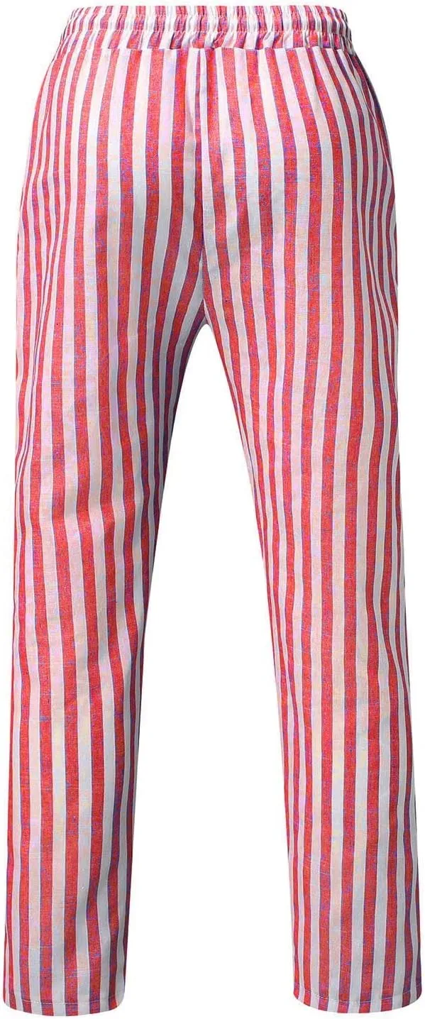 Rela Bota Mens Fashion Cotton Linen Pants Casual Striped Chino Dress Slim Fit Drawstring Slack Straight Trousers