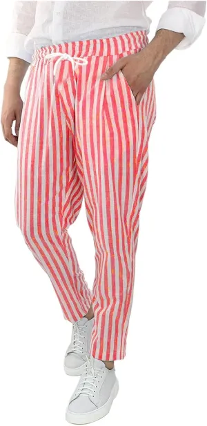 Rela Bota Mens Fashion Cotton Linen Pants Casual Striped Chino Dress Slim Fit Drawstring Slack Straight Trousers