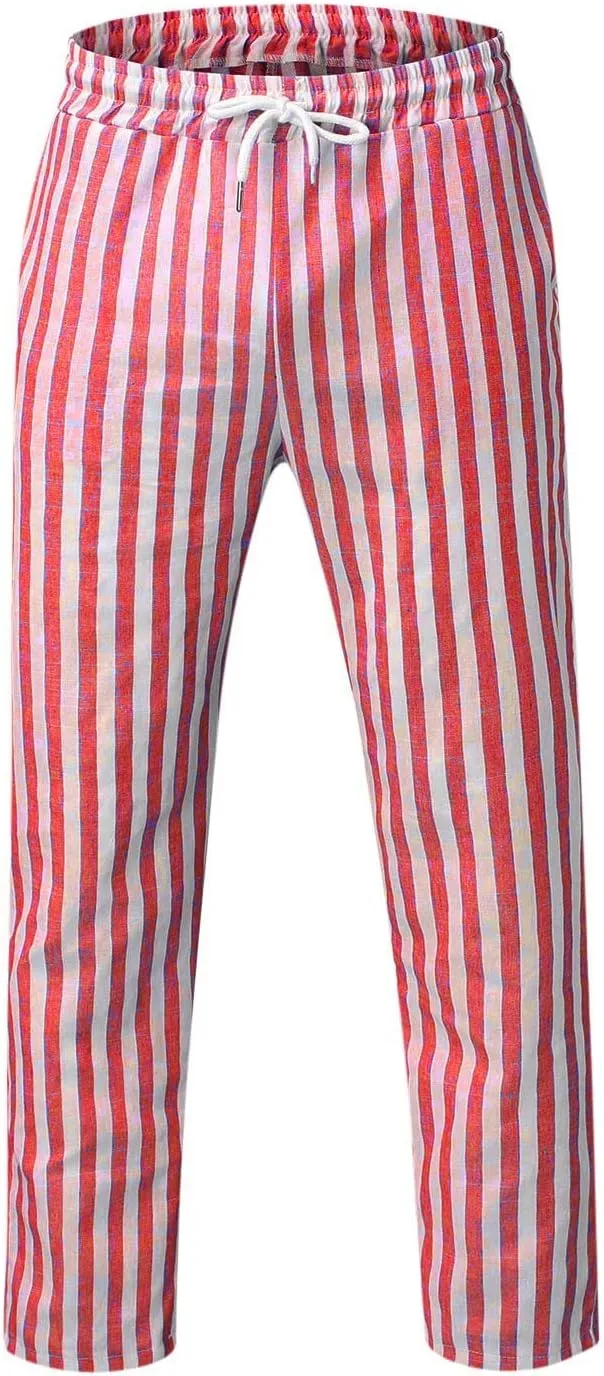 Rela Bota Mens Fashion Cotton Linen Pants Casual Striped Chino Dress Slim Fit Drawstring Slack Straight Trousers