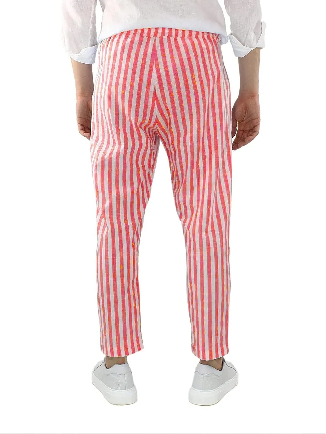Rela Bota Mens Fashion Cotton Linen Pants Casual Striped Chino Dress Slim Fit Drawstring Slack Straight Trousers