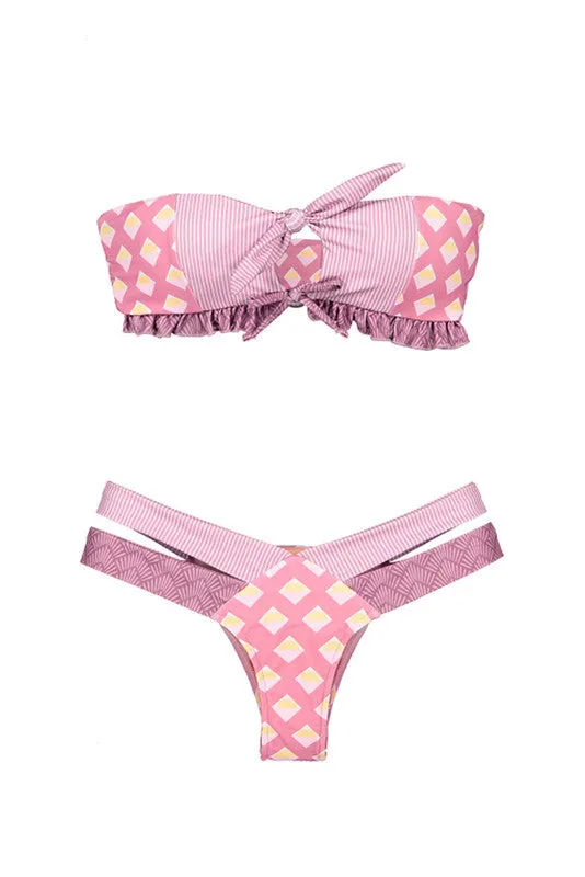 Ribbed Floral Print Bandeau Bikini Swimsuit