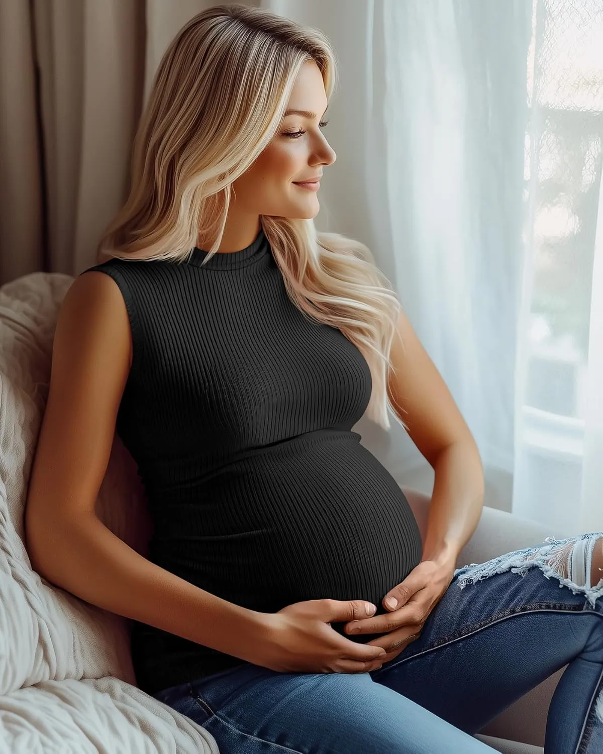 Riyiper 3 Pack 92% Cotton Mock Turtleneck Maternity Tank Tops, Ribbed Sleeveless Side Ruched Slim Pregnancy Shirts for Women