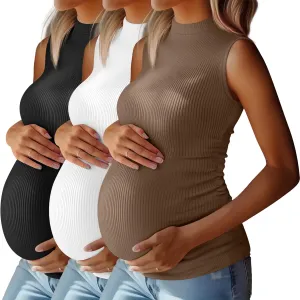 Riyiper 3 Pack 92% Cotton Mock Turtleneck Maternity Tank Tops, Ribbed Sleeveless Side Ruched Slim Pregnancy Shirts for Women