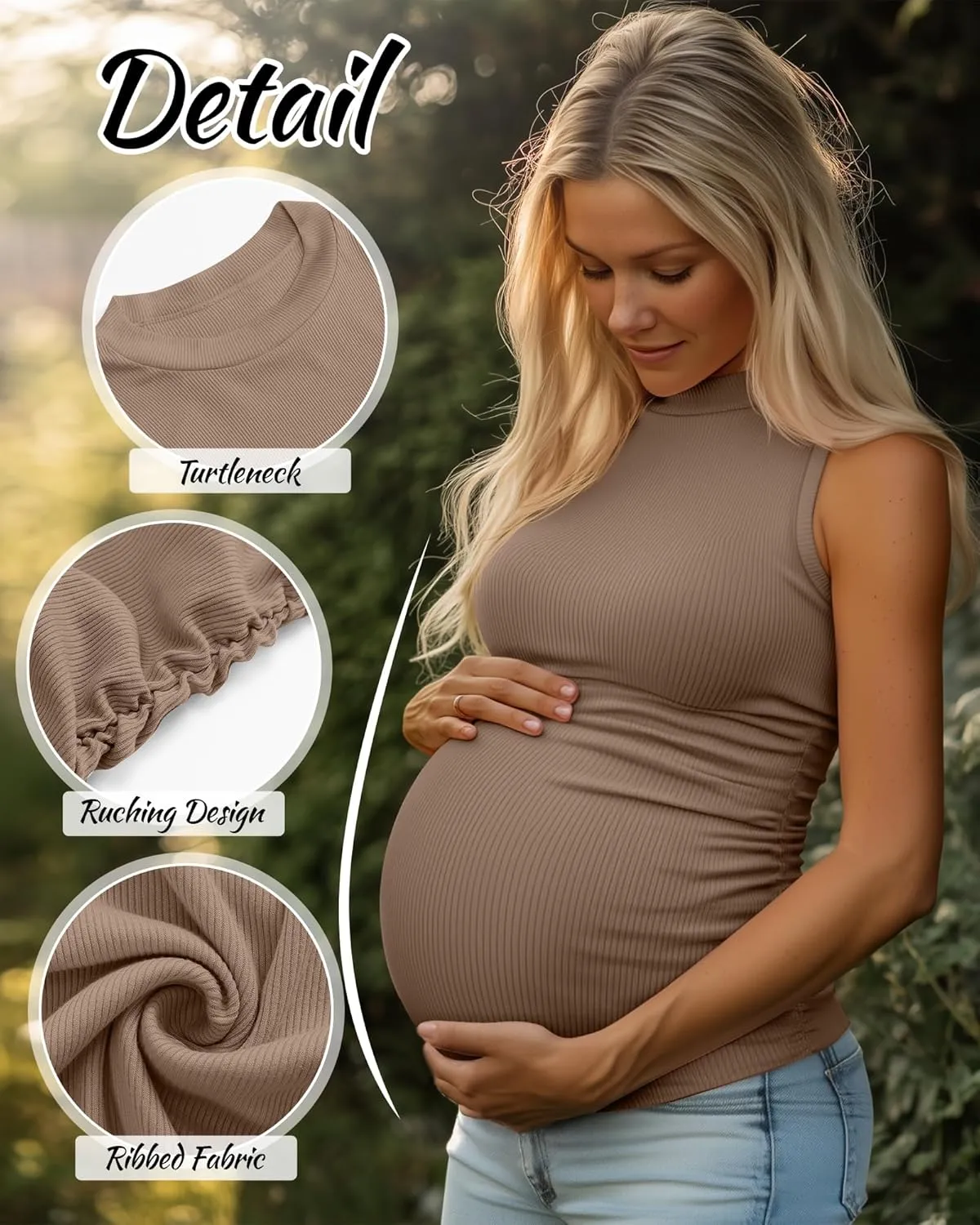 Riyiper 3 Pack 92% Cotton Mock Turtleneck Maternity Tank Tops, Ribbed Sleeveless Side Ruched Slim Pregnancy Shirts for Women