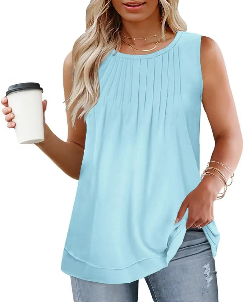 ROSRISS Women's Plus Size Sleeveless Pleated Shirts Dressy Loose Fit Tops Summer Casual Crew Neck Tank Tops XL-5XL