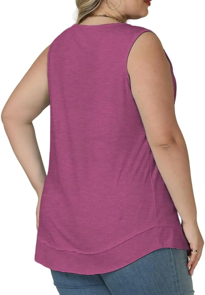 ROSRISS Women's Plus Size Sleeveless Pleated Shirts Dressy Loose Fit Tops Summer Casual Crew Neck Tank Tops XL-5XL