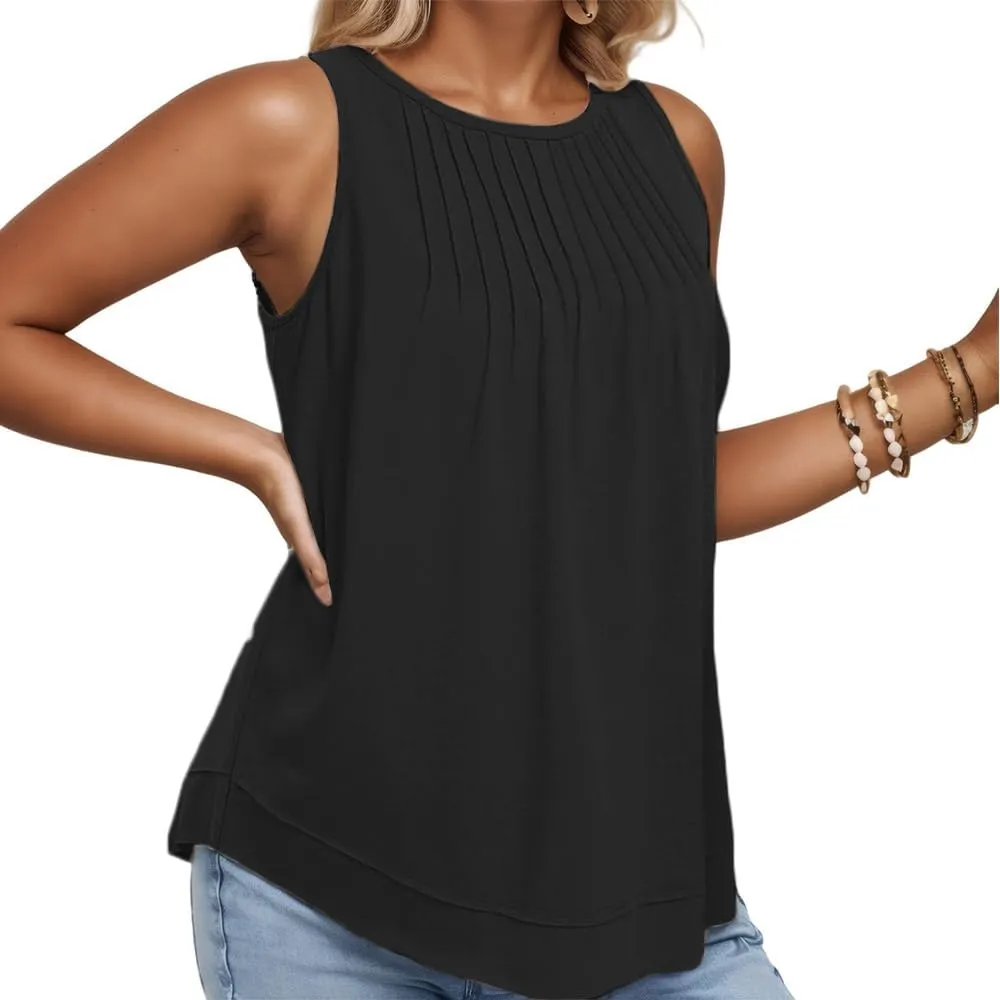 ROSRISS Women's Plus Size Sleeveless Pleated Shirts Dressy Loose Fit Tops Summer Casual Crew Neck Tank Tops XL-5XL