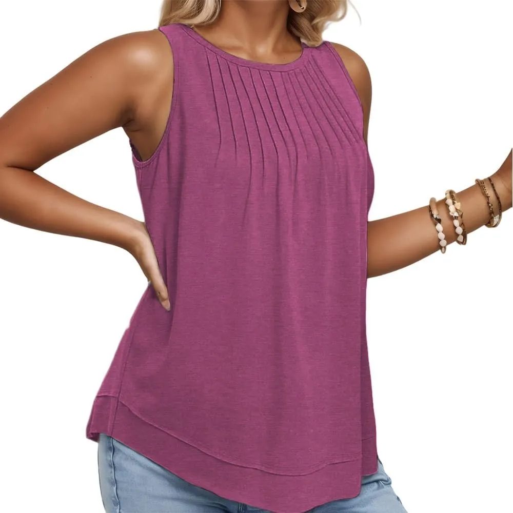 ROSRISS Women's Plus Size Sleeveless Pleated Shirts Dressy Loose Fit Tops Summer Casual Crew Neck Tank Tops XL-5XL