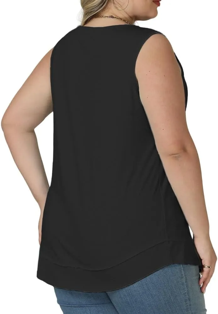 ROSRISS Women's Plus Size Sleeveless Pleated Shirts Dressy Loose Fit Tops Summer Casual Crew Neck Tank Tops XL-5XL