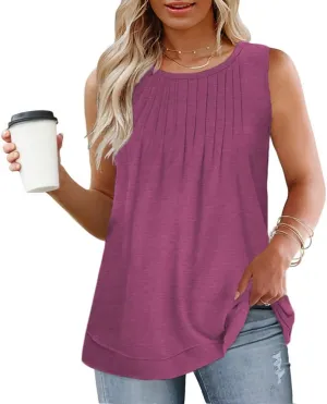 ROSRISS Women's Plus Size Sleeveless Pleated Shirts Dressy Loose Fit Tops Summer Casual Crew Neck Tank Tops XL-5XL