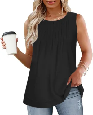ROSRISS Women's Plus Size Sleeveless Pleated Shirts Dressy Loose Fit Tops Summer Casual Crew Neck Tank Tops XL-5XL