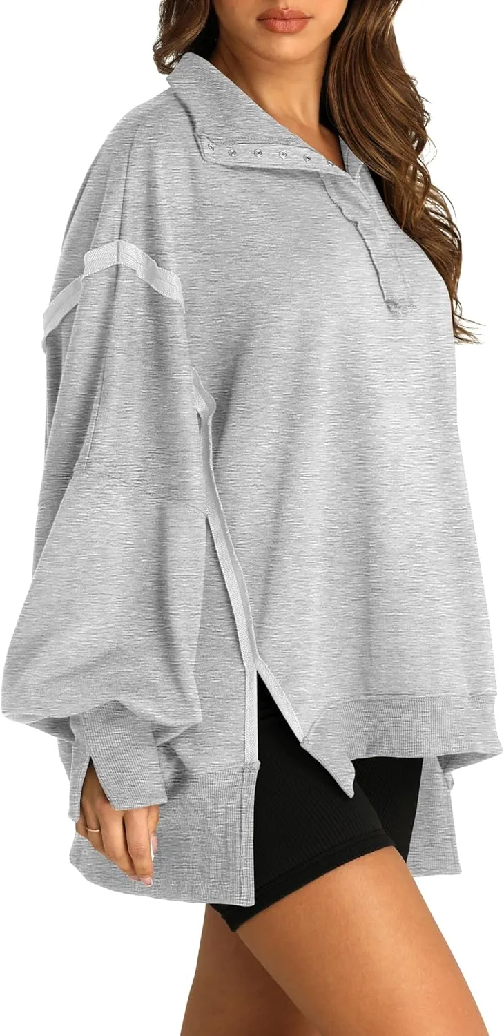 RUBZOOF Oversized Sweatshirt for Women Trendy Button Henley Neck Pullover Long Sleeve Tops Casual Fall Clothes XS-XL