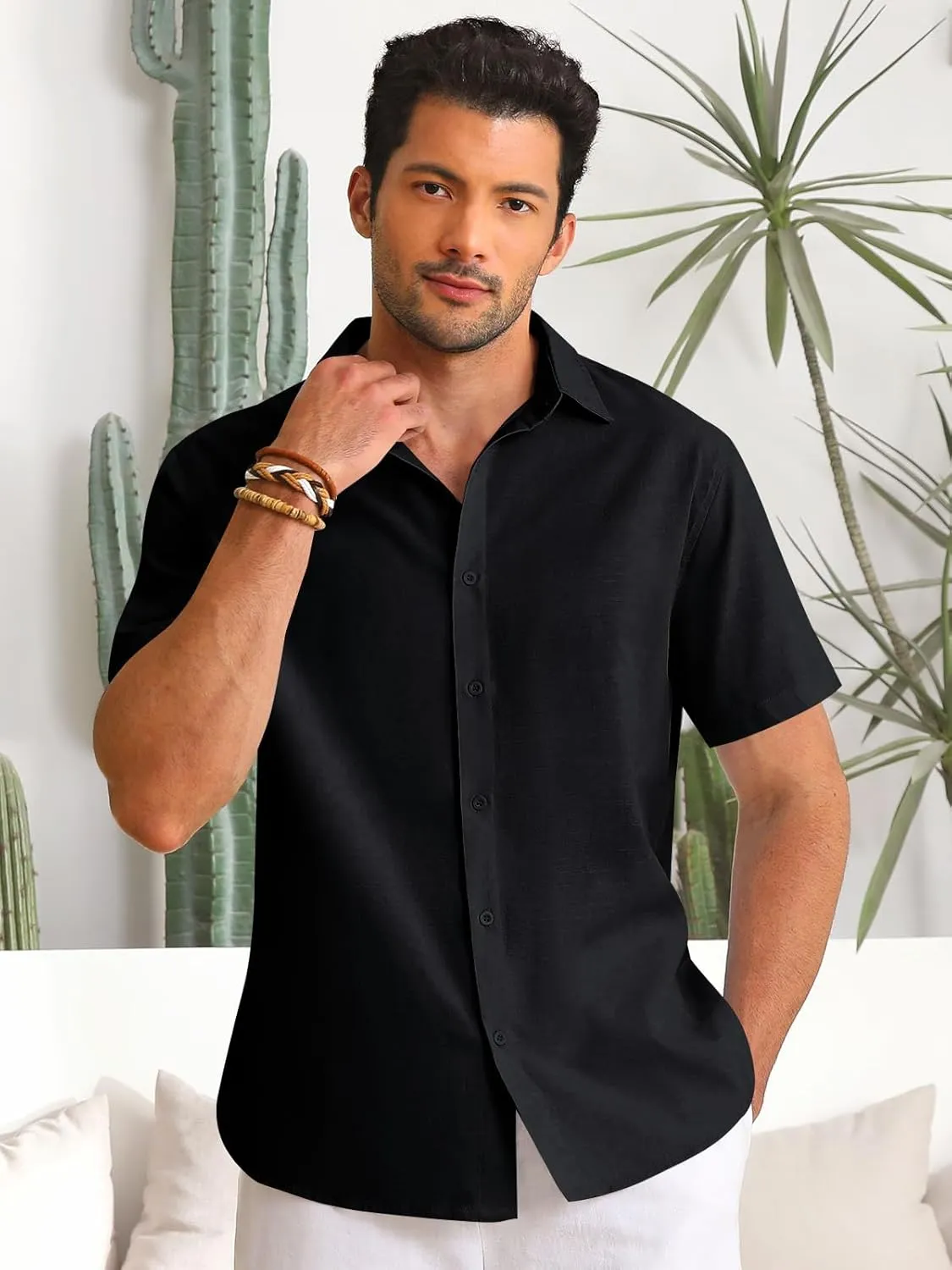 Runcati Mens Button Down Linen Shirts Short Sleeve Casual Collared Summer Beach Untucked Tops