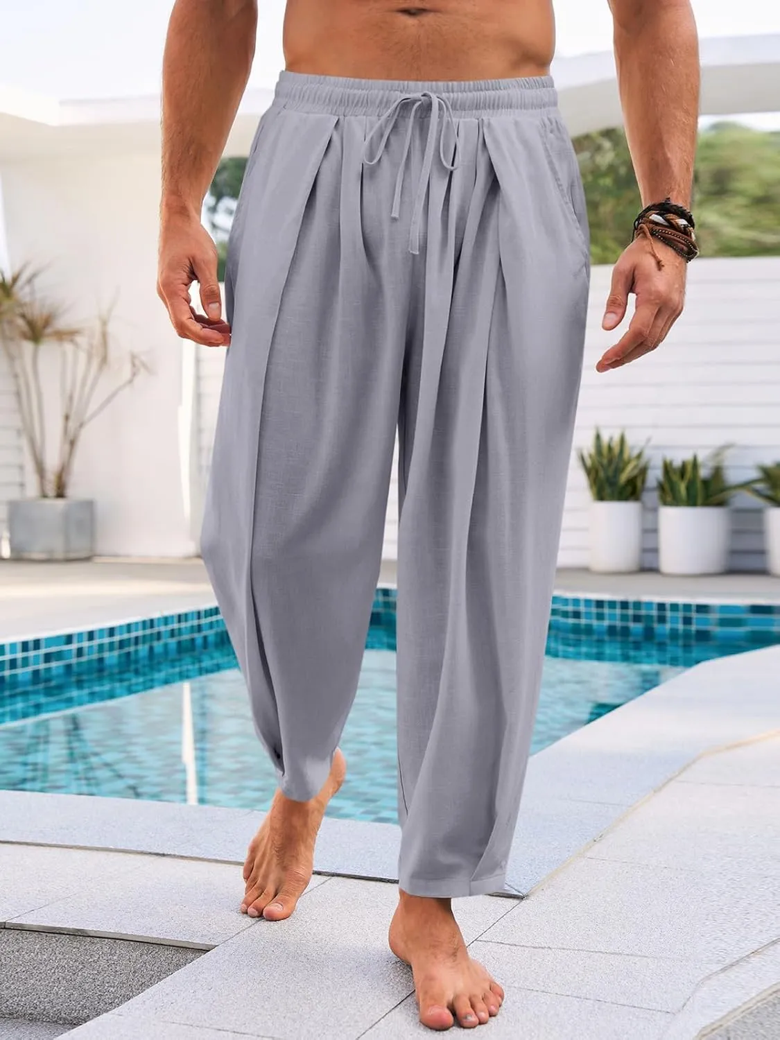 Runcati Mens Casual Harem Pants Drawstring Elastic Waist Cotton Cropped Trousers Yoga Beach Lightweight Pants
