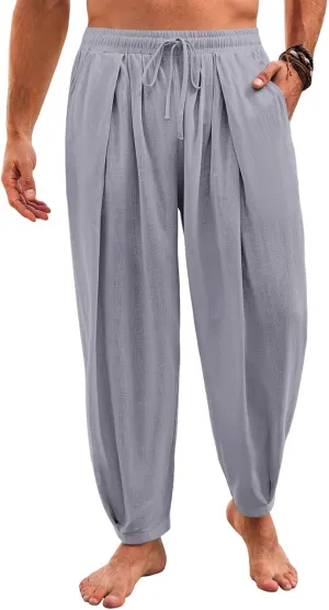 Runcati Mens Casual Harem Pants Drawstring Elastic Waist Cotton Cropped Trousers Yoga Beach Lightweight Pants