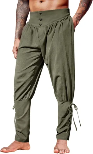 Runcati Mens Medieval Ankle Pants Renaissance Viking Pirate Lace Up Tapered Halloween Linen Costume Trousers