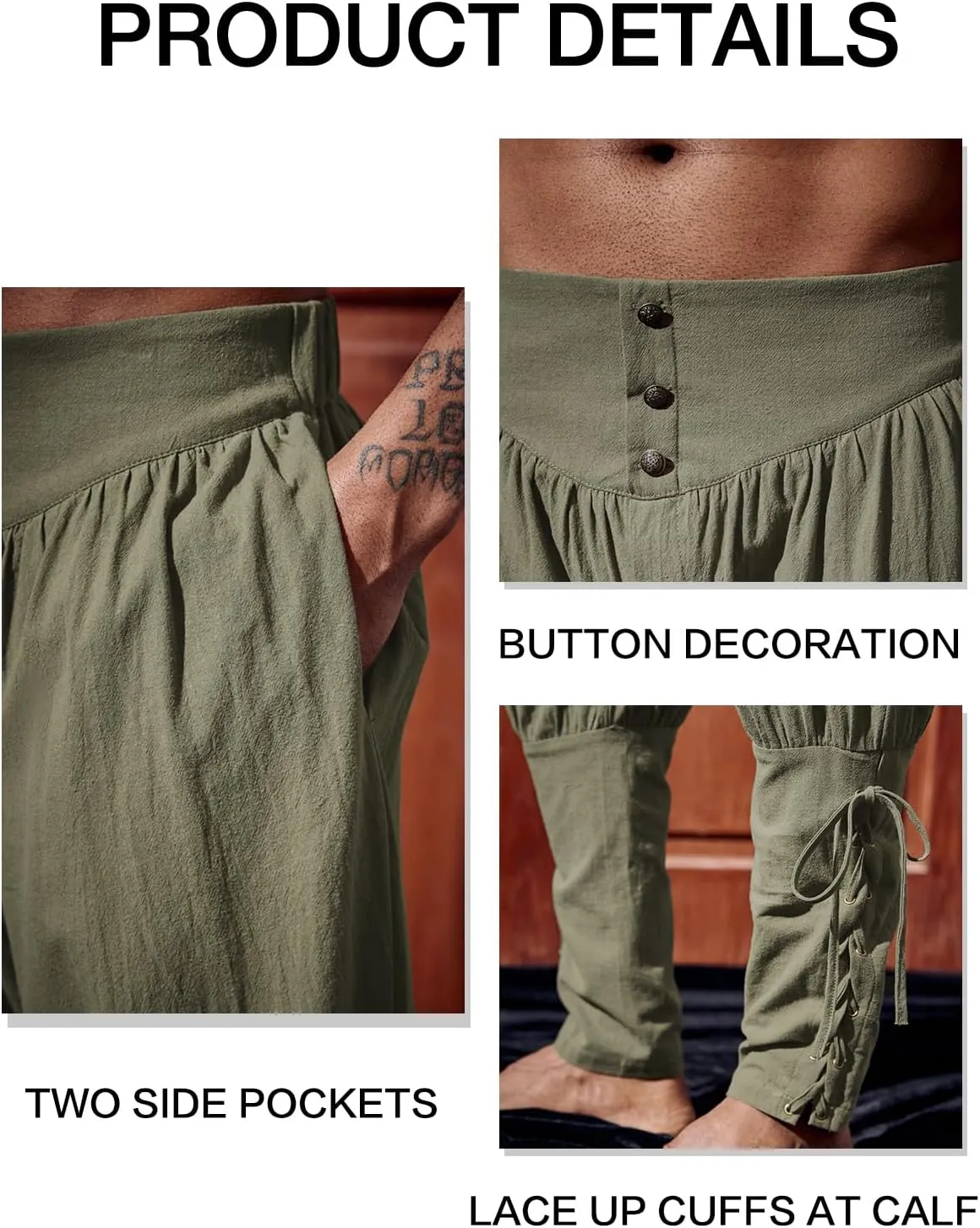 Runcati Mens Medieval Ankle Pants Renaissance Viking Pirate Lace Up Tapered Halloween Linen Costume Trousers