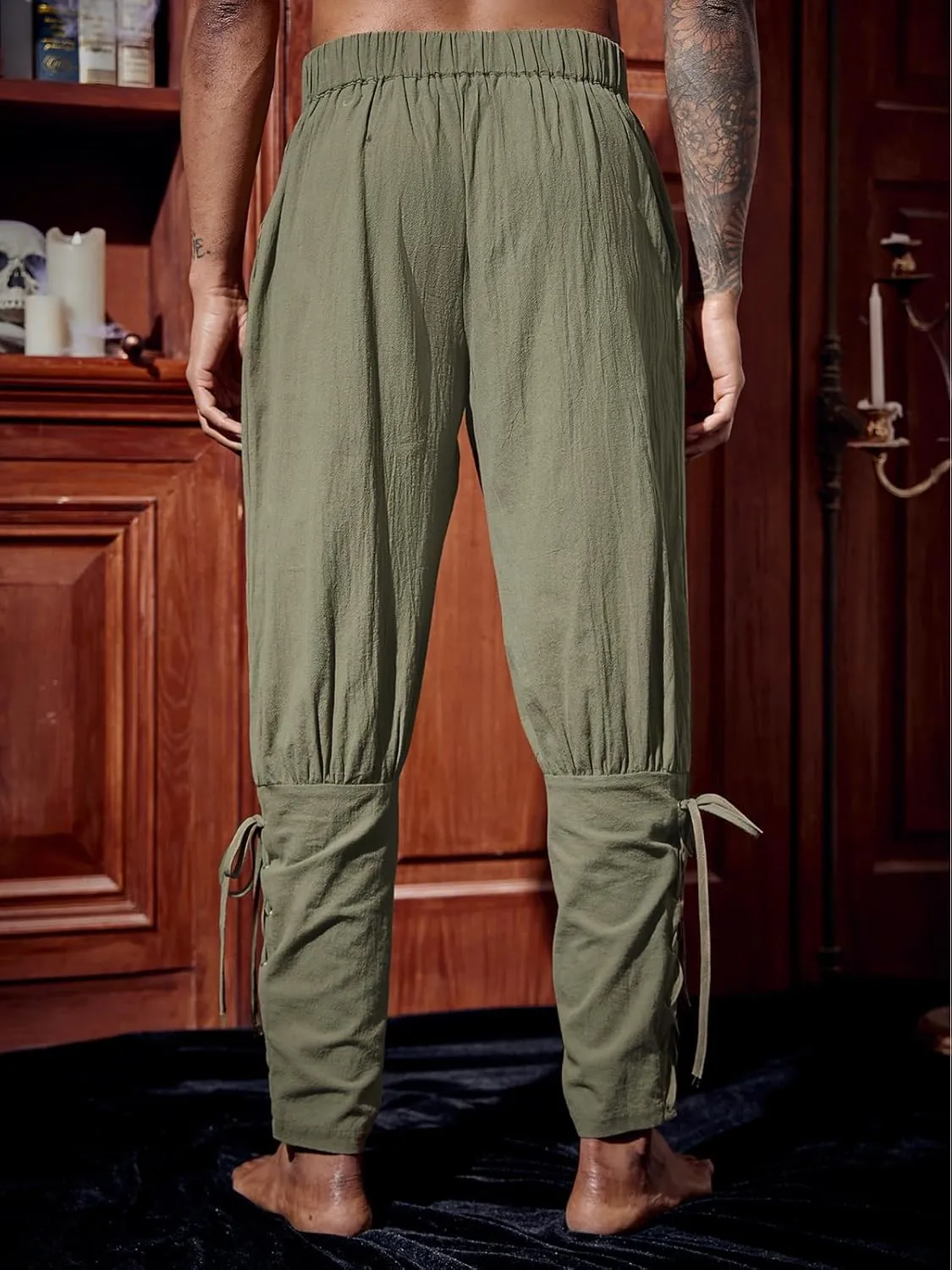 Runcati Mens Medieval Ankle Pants Renaissance Viking Pirate Lace Up Tapered Halloween Linen Costume Trousers