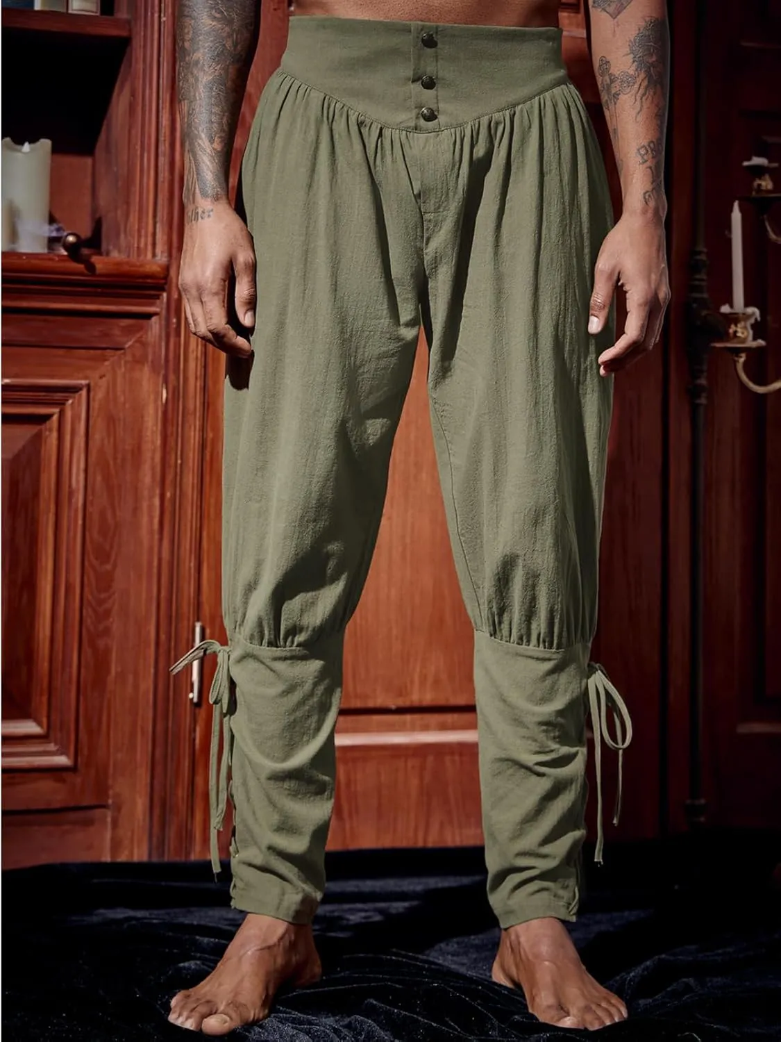 Runcati Mens Medieval Ankle Pants Renaissance Viking Pirate Lace Up Tapered Halloween Linen Costume Trousers