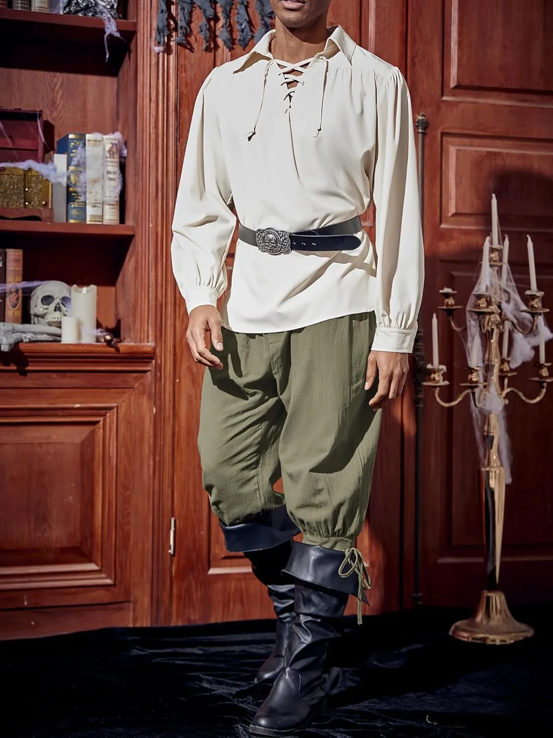 Runcati Mens Medieval Ankle Pants Renaissance Viking Pirate Lace Up Tapered Halloween Linen Costume Trousers